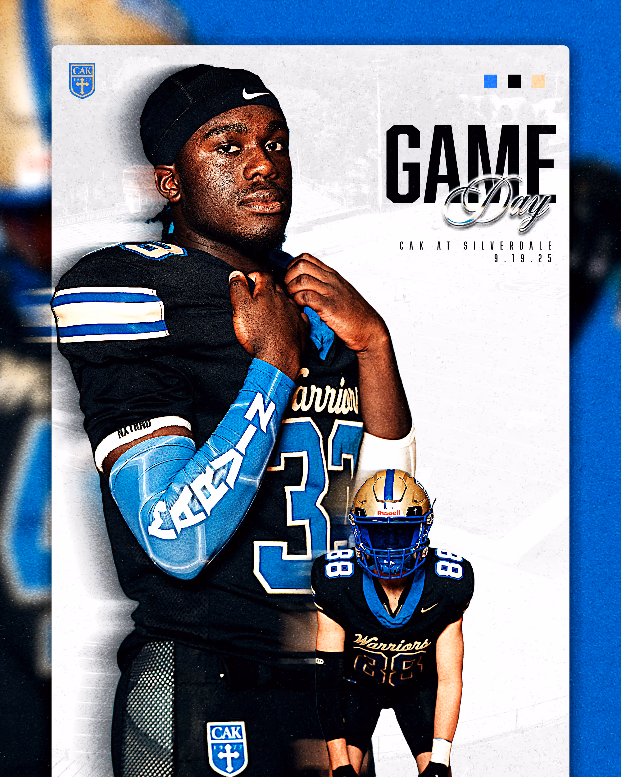 Two American football players in black Warriors uniforms, one standing confidently with hands near collar and one in a ready stance wearing a gold helmet, with text 'Game Day, CAK at Silverdale, 9.19.25'.