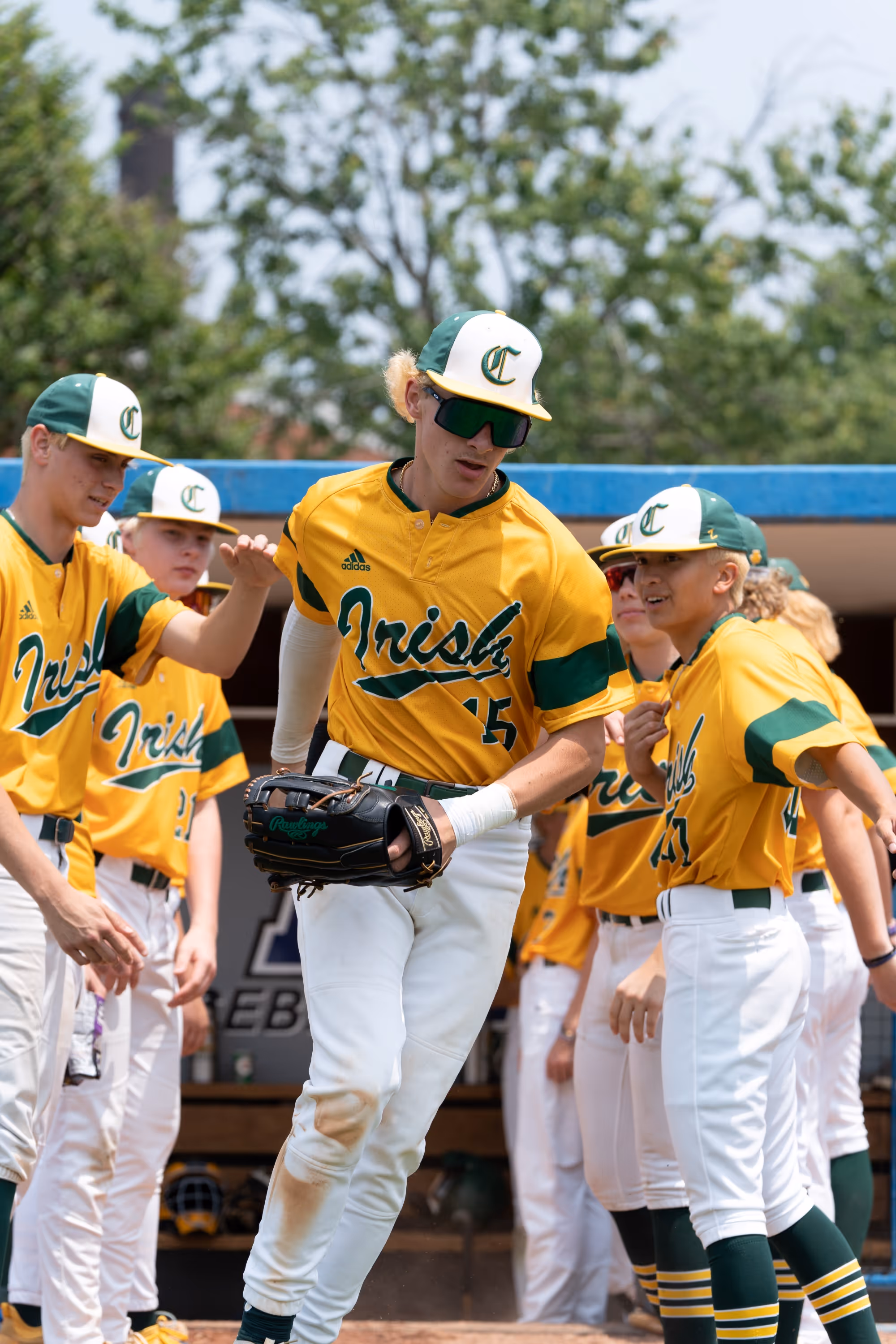Baseball player in yellow and green Irish uniform high-fiving teammates near the dugout.
