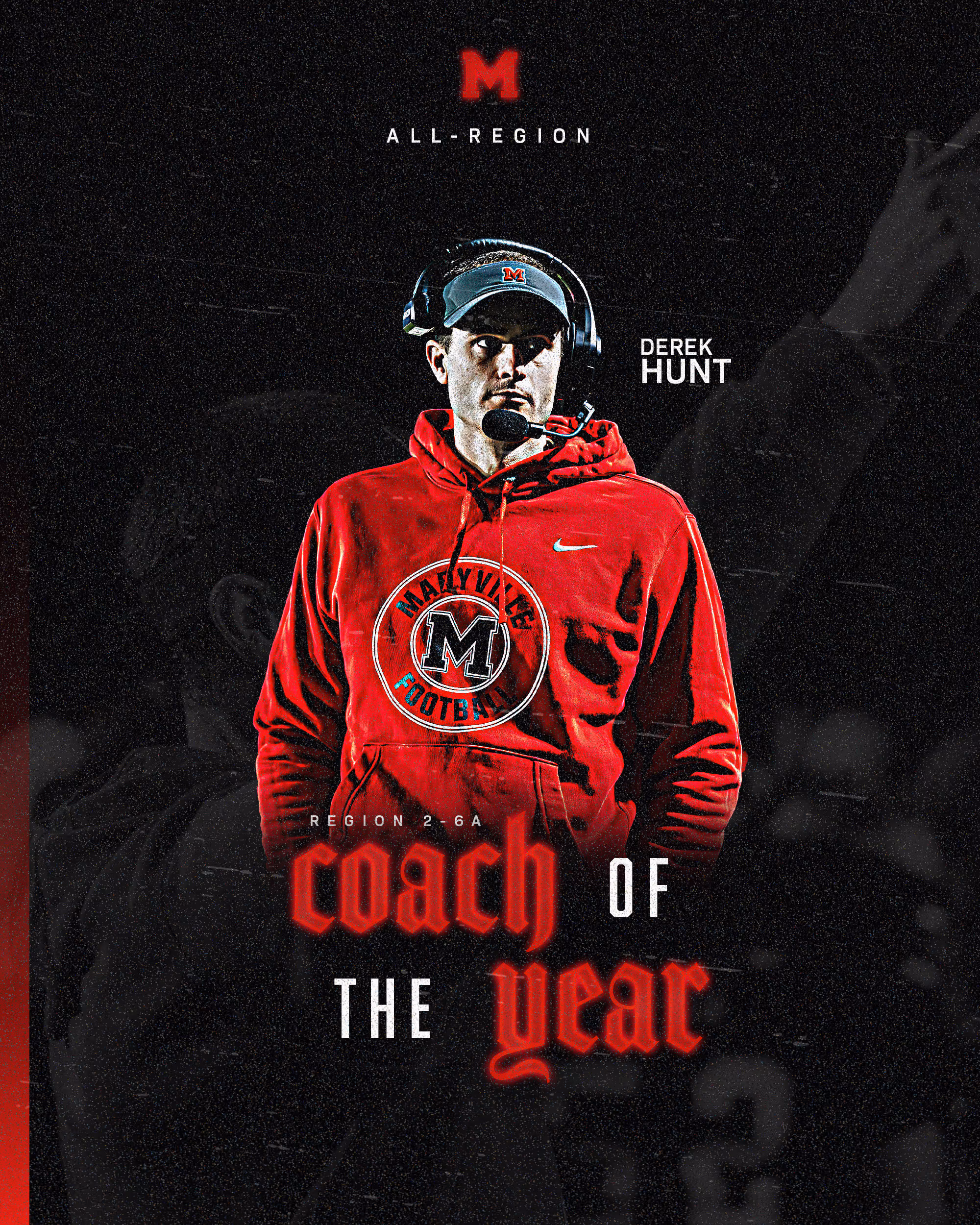Derek Hunt in a red Maryville Football hoodie and headset, honored as Region 2-6A All-Region Coach of the Year.