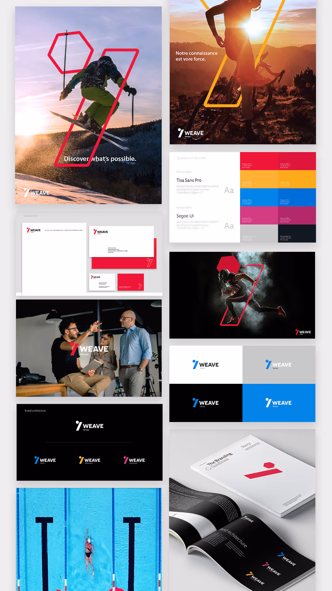 Brand identity collage for WEAVE including logos, typography, color palettes, marketing photos of a skier, cyclist, football player, office meeting, swimmer, and brand guideline booklets.