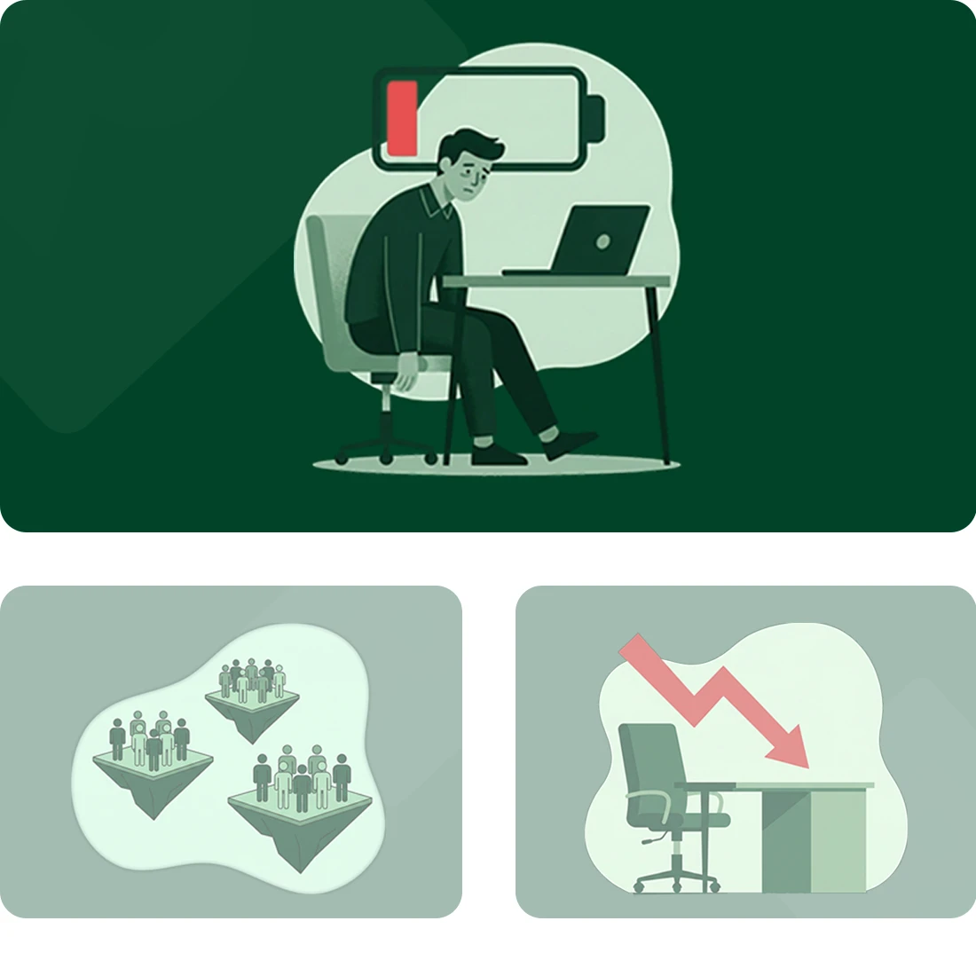 Illustratie van een vermoeide man die aan een bureau zit met een laptop, met een leeg batterijsymbool boven zijn hoofd dat uitputting voorstelt.