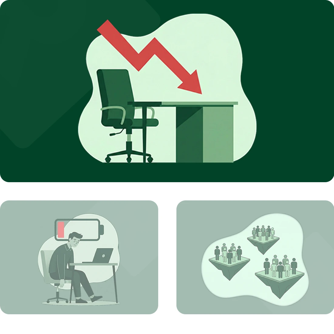 Illustraties die een rode neerwaartse pijl boven een bureaublad en stoel laten zien, een vermoeid persoon die aan een bureau zit met een leeg batterijsymbool, en groepen mensen die op zwevende platforms staan.