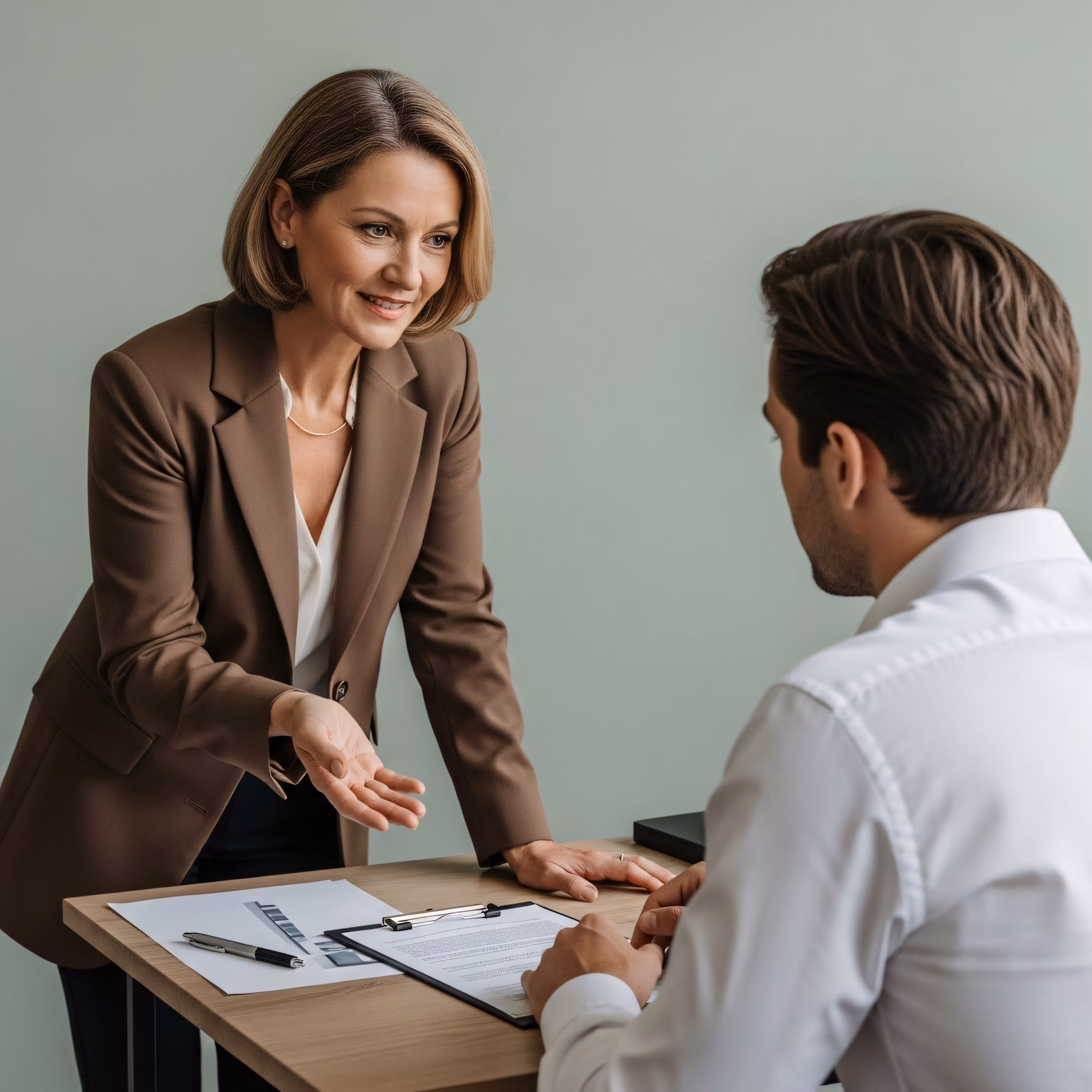 a business woman talking to a business man