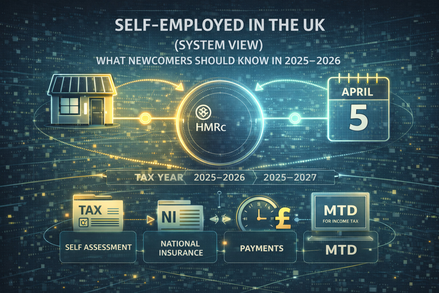 Self-employed system view and HMRC reporting structure.
