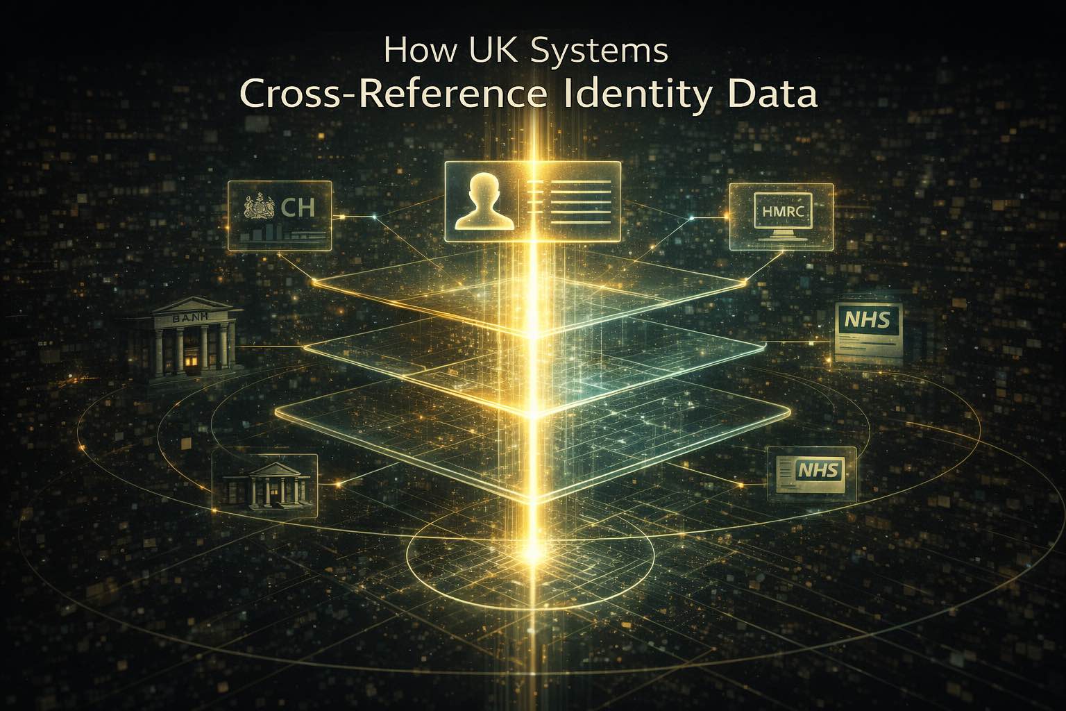 Interconnected UK identity data layers illustrating administrative cross-reference logic.