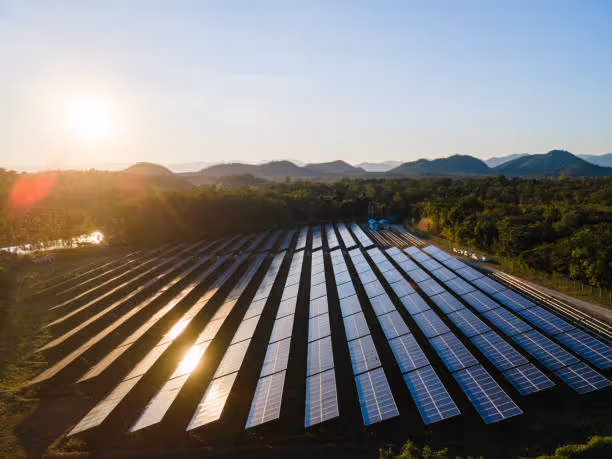 Paneles solares instalados en filas sobre un terreno, con el sol poniéndose detrás de montañas y árboles en el horizonte.