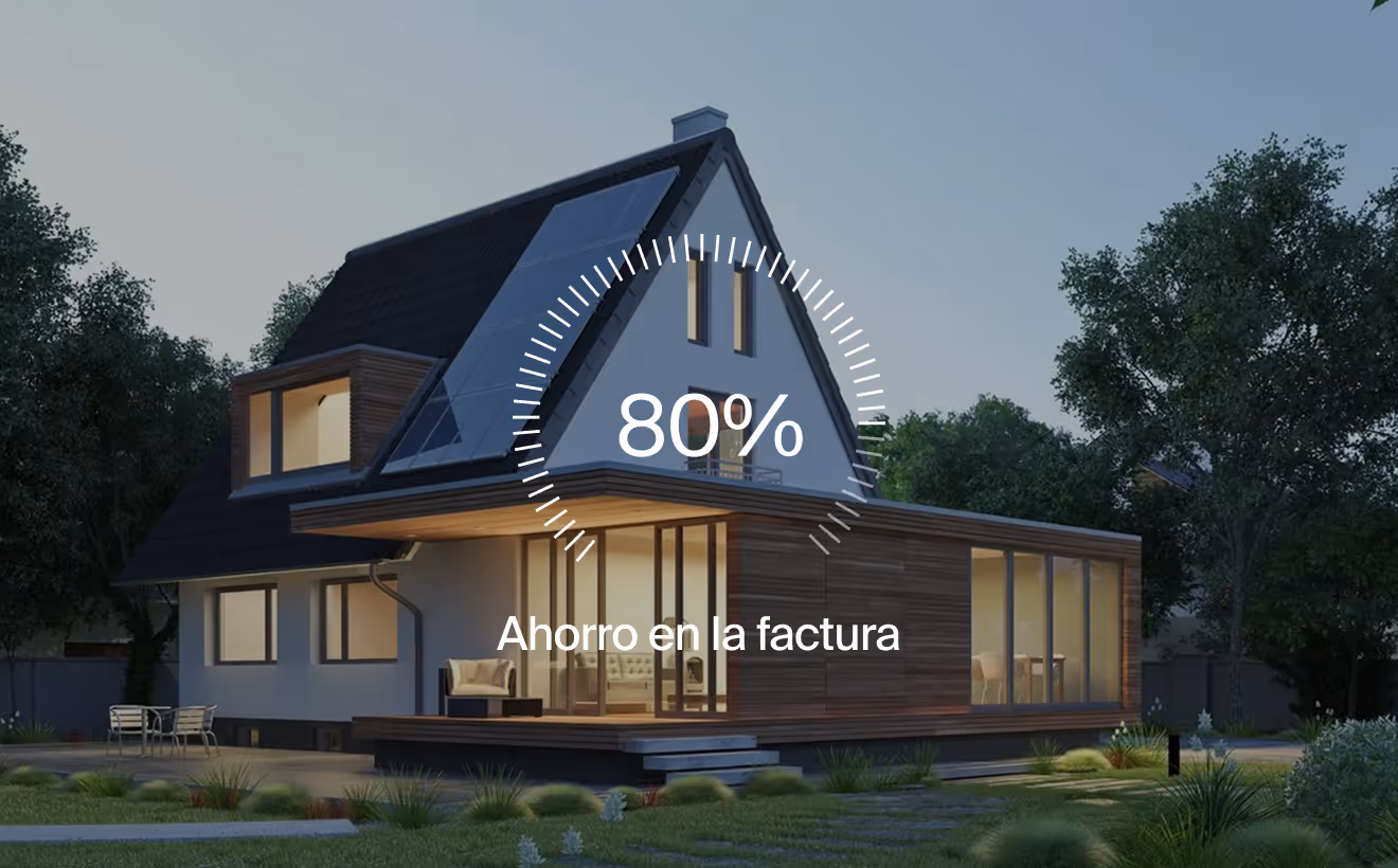 Casa moderna con paneles solares y mensaje que indica 80% de ahorro en la factura.