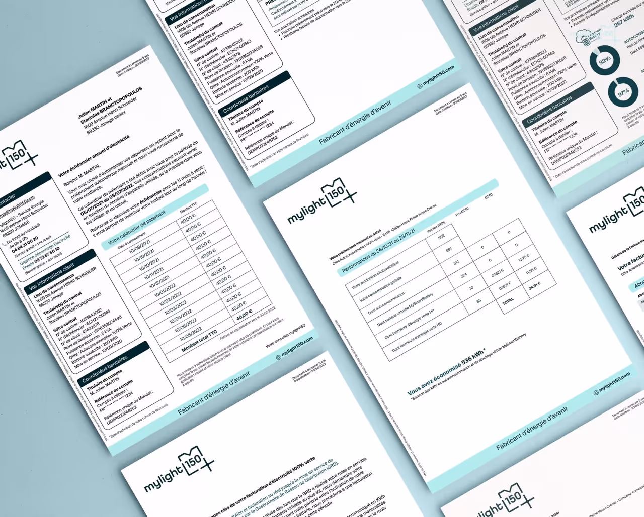 Varias páginas de facturas de electricidad en francés de la compañía mylight150 sobre fondo azul claro.