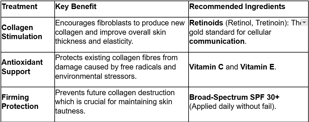 Table listing skin treatments with their key benefits and recommended ingredients: Collagen Stimulation promotes collagen production with retinoids; Antioxidant Support protects collagen with Vitamins C and E; Firming Protection prevents collagen destruction with Broad-Spectrum SPF 30+.