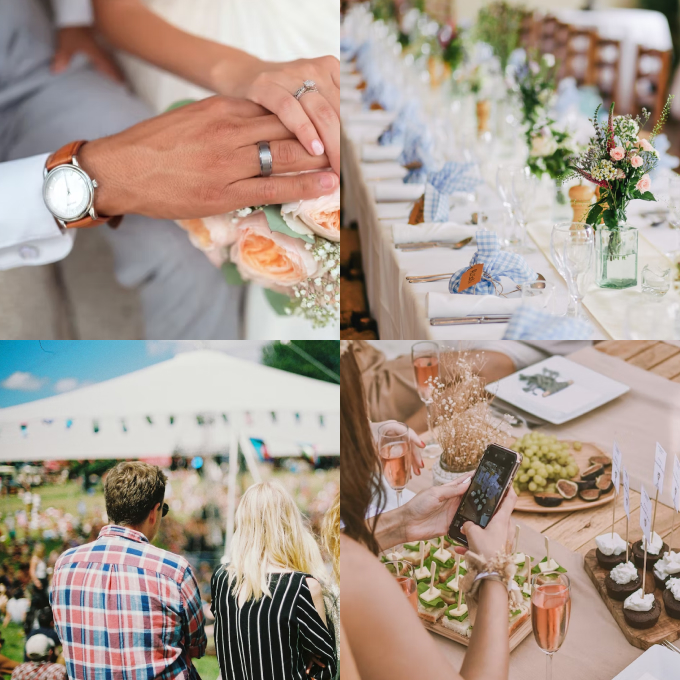 Collage of four wedding-related scenes: close-up of a couple’s hands with wedding rings over a bouquet, a long decorated reception table, a couple watching an outdoor event, and a person photographing appetizers with a smartphone.