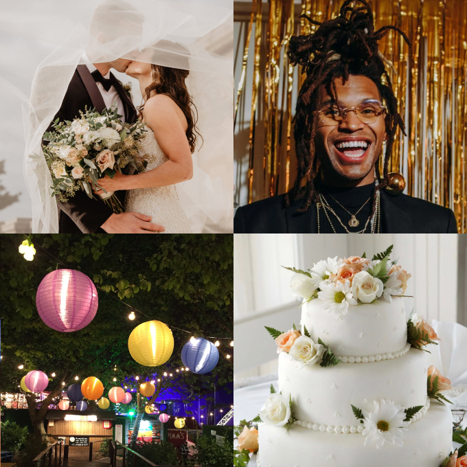 Collage with bride and groom kissing under veil, smiling man with dreadlocks and glasses against gold backdrop, colorful hanging lanterns at night, and three-tier white wedding cake decorated with fresh flowers.