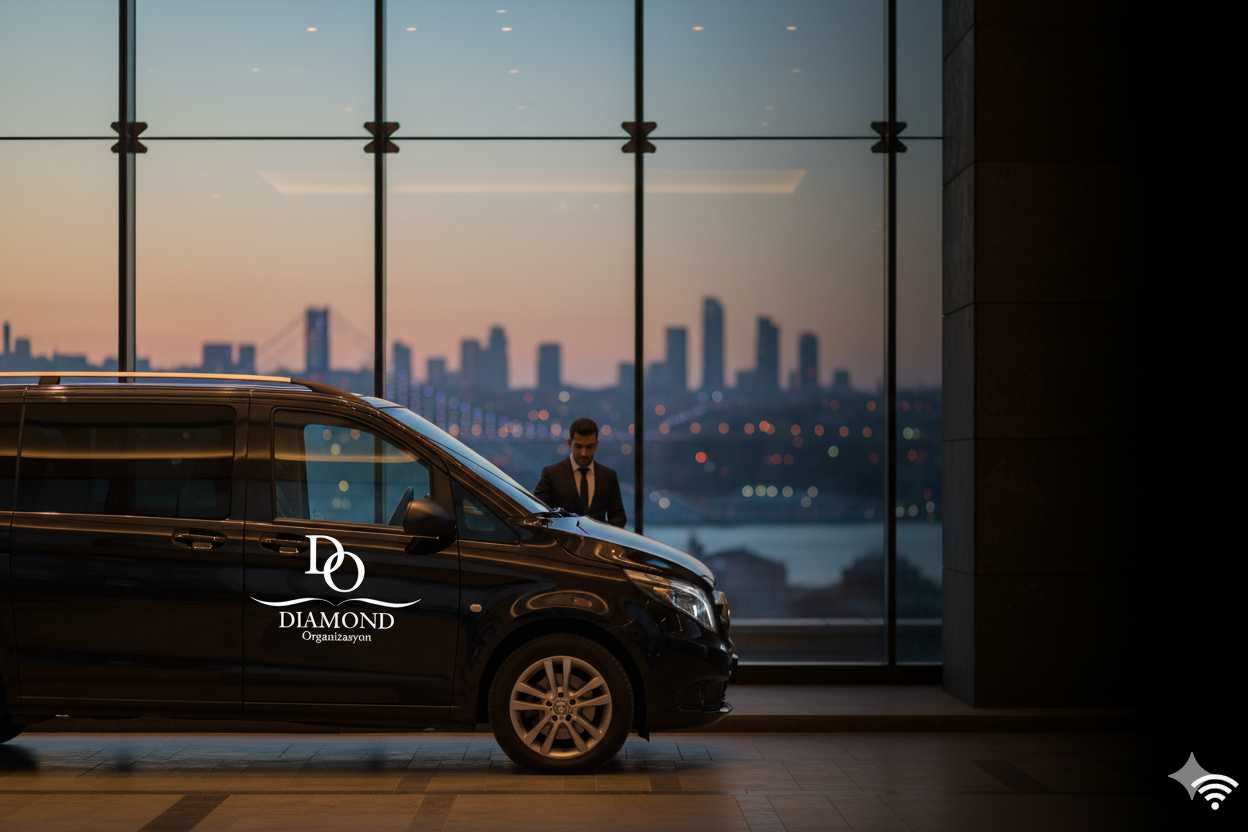 Black van with Diamond Organizasyon logo parked indoors near large windows showing a city skyline at dusk with a man in a suit standing outside.