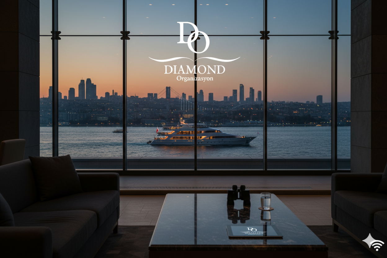 Luxurious indoor seating area with two sofas facing a large window overlooking a yacht on the water and a city skyline at sunset.