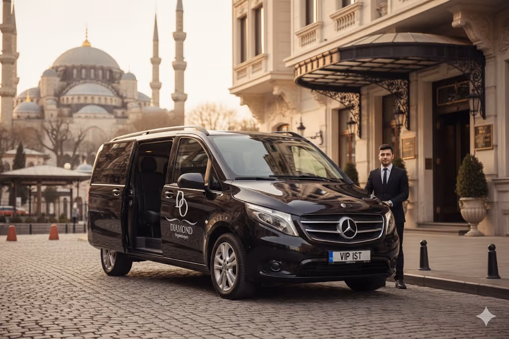 Black Mercedes-Benz van with open sliding door and man in suit standing beside it on a cobblestone street with a mosque in the background.