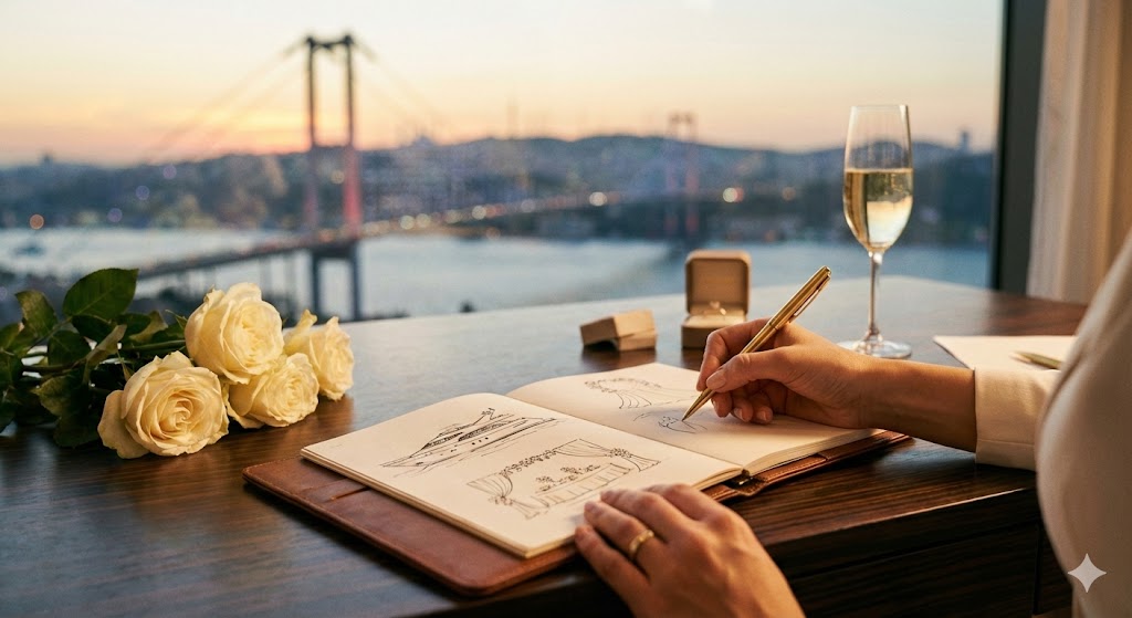 Person sketching wedding dress designs in a notebook on a wooden table with white roses, a champagne glass, and an open ring box, with a sunset view of a bridge over water in the background.