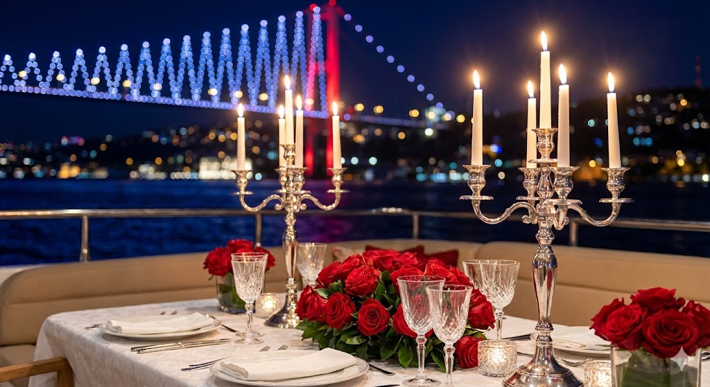 Elegant dining table with lit silver candelabras, red rose centerpieces, and crystal glasses set against a nighttime cityscape with a lit suspension bridge.