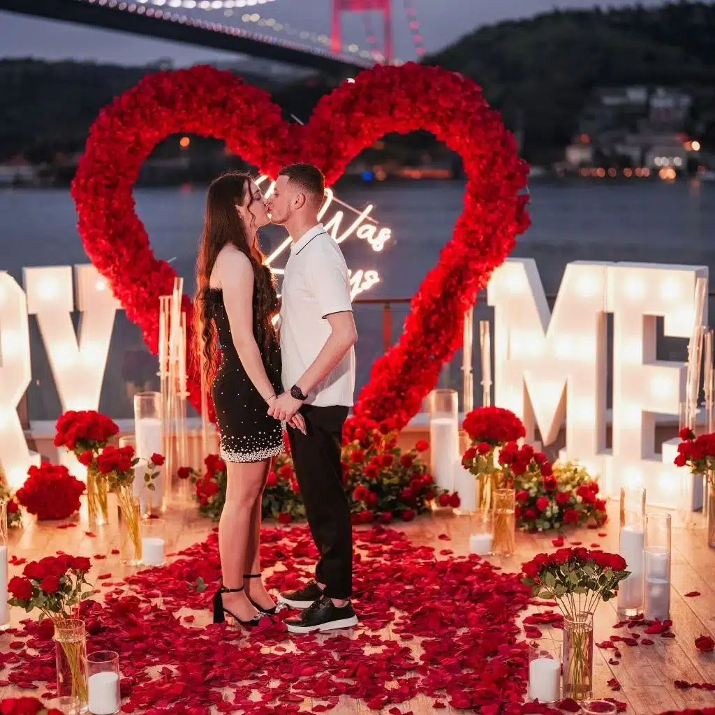 Couple kissing and holding hands on a floor covered with red rose petals, with a large red heart and illuminated 'Marry Me' sign in the background at dusk.