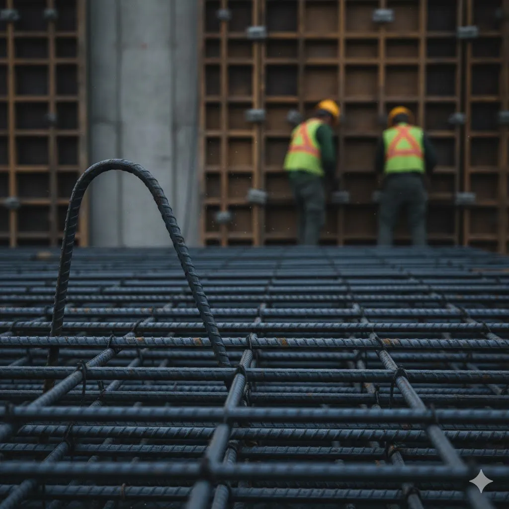 Two construction workers standing behind a large pile of steel bars.