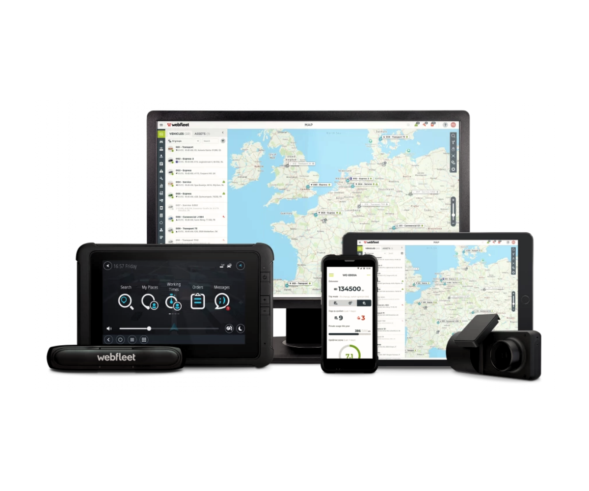 Sistema Webfleet de gestión de flotas y rastreo GPS en tiempo real utilizado por TSR Group en múltiples dispositivos