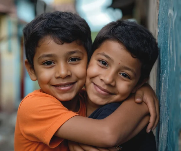 Two young boys smiling and hugging each other outdoors, one wearing an orange shirt and the other a black shirt.
