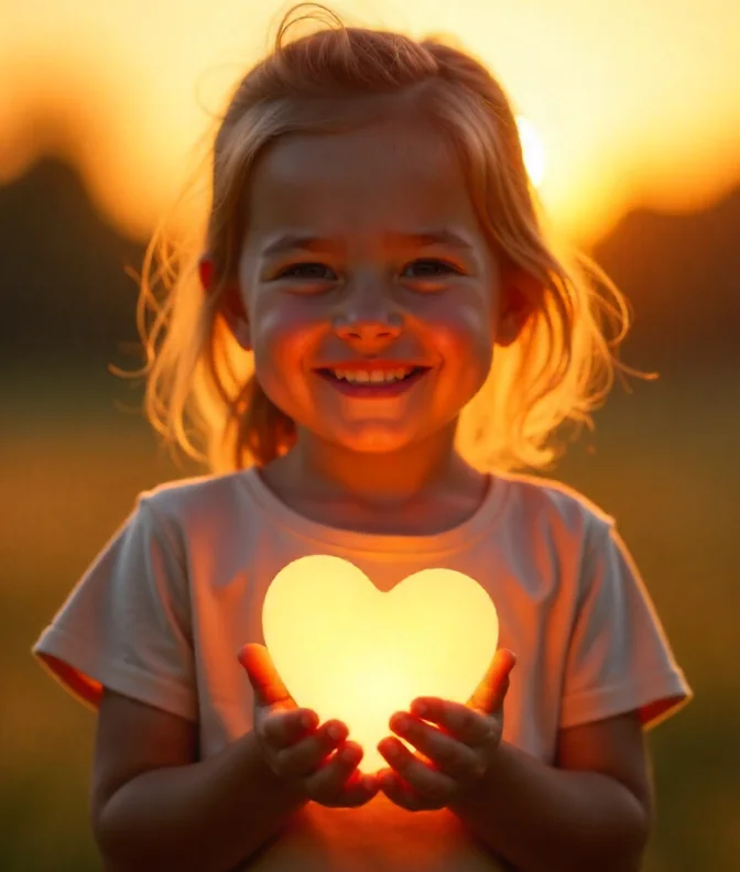 Smiling young child holding a glowing heart-shaped light at sunset.