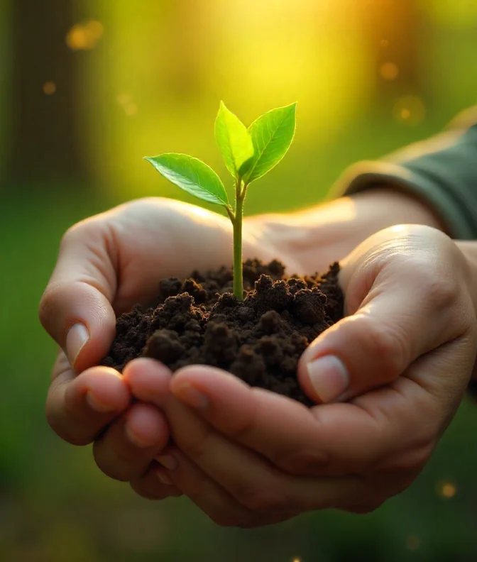 Hands gently holding soil with a small green seedling growing, illuminated by warm sunlight.