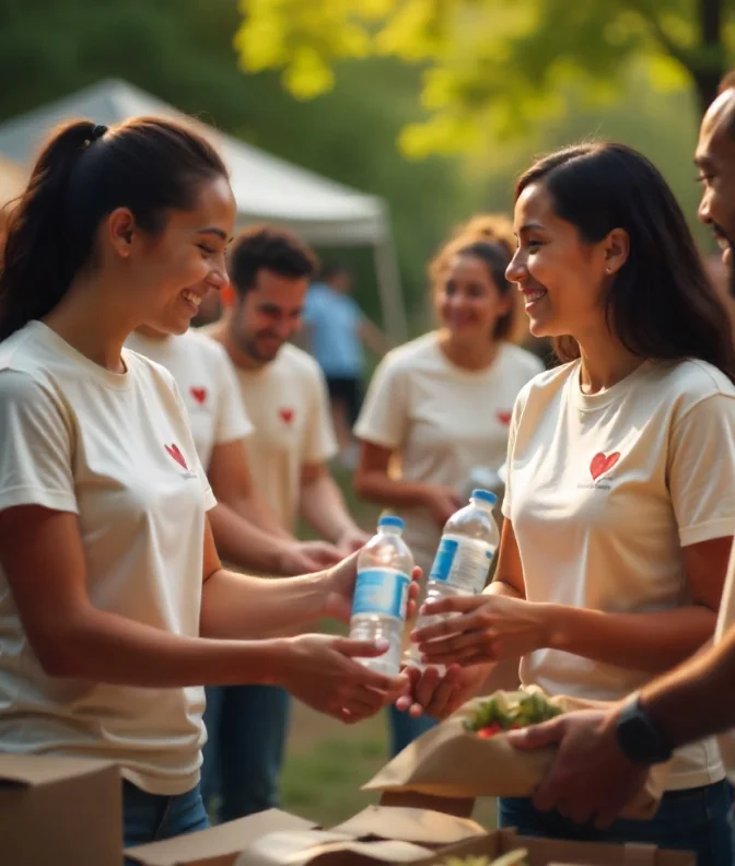 Volunteers wearing matching shirts with heart logos distributing bottled water and food at an outdoor event.