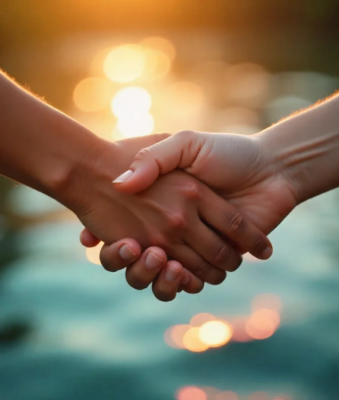 Two people holding hands with a blurred water background and warm sunlight.