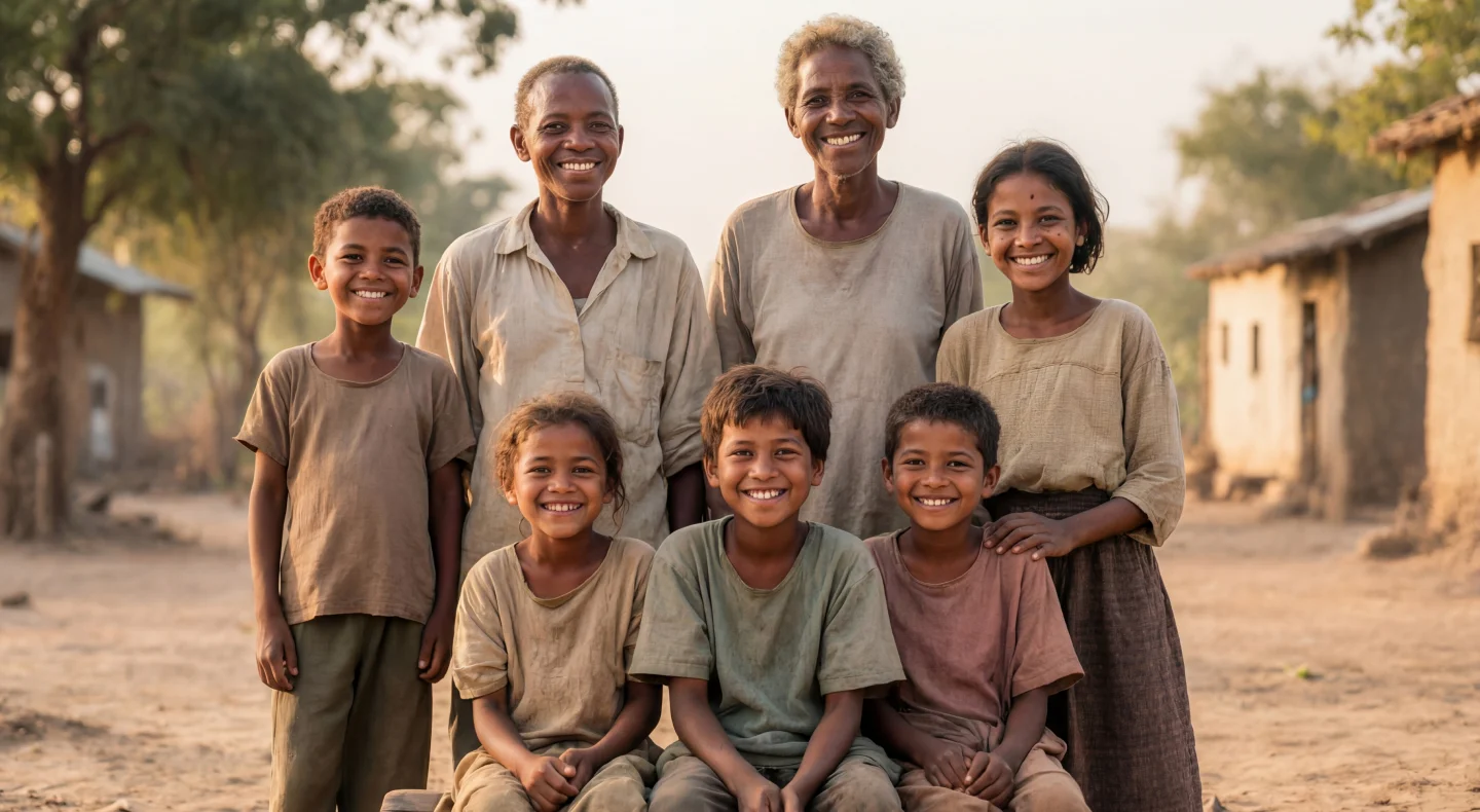 Smiling group of two adult women and five children in simple clothing outdoors in a rural village setting.
