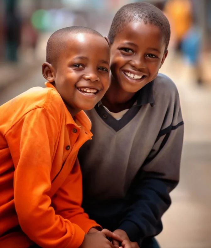 Two smiling young boys sitting close together, one wearing an orange jacket and the other a gray sweater.