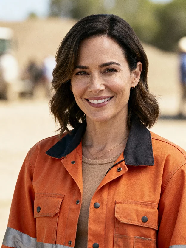 Smiling woman with short dark hair wearing an orange work jacket with black collar and reflective strip outdoors.