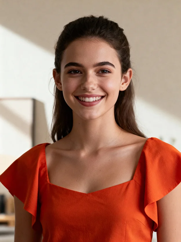 Smiling young woman with dark hair pulled back, wearing an orange dress with ruffled sleeves, standing indoors with soft natural light.