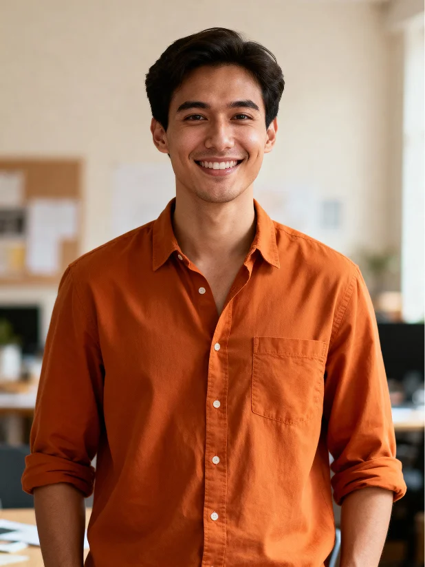 Young man smiling in an orange button-up shirt with rolled-up sleeves in a bright office setting.