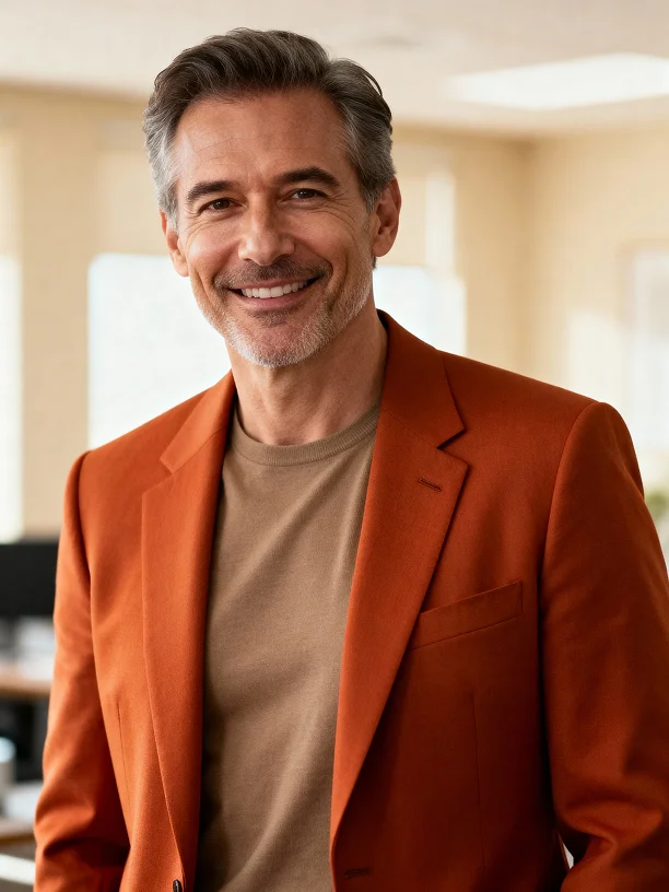 Smiling middle-aged man with gray hair and beard wearing an orange blazer and brown shirt in a bright room.