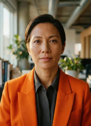 Portrait of a confident middle-aged woman wearing an orange blazer over a dark shirt in a modern office setting.