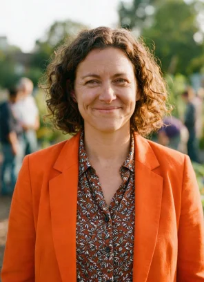 Smiling woman with curly brown hair wearing an orange blazer and patterned shirt outdoors with blurred greenery background.