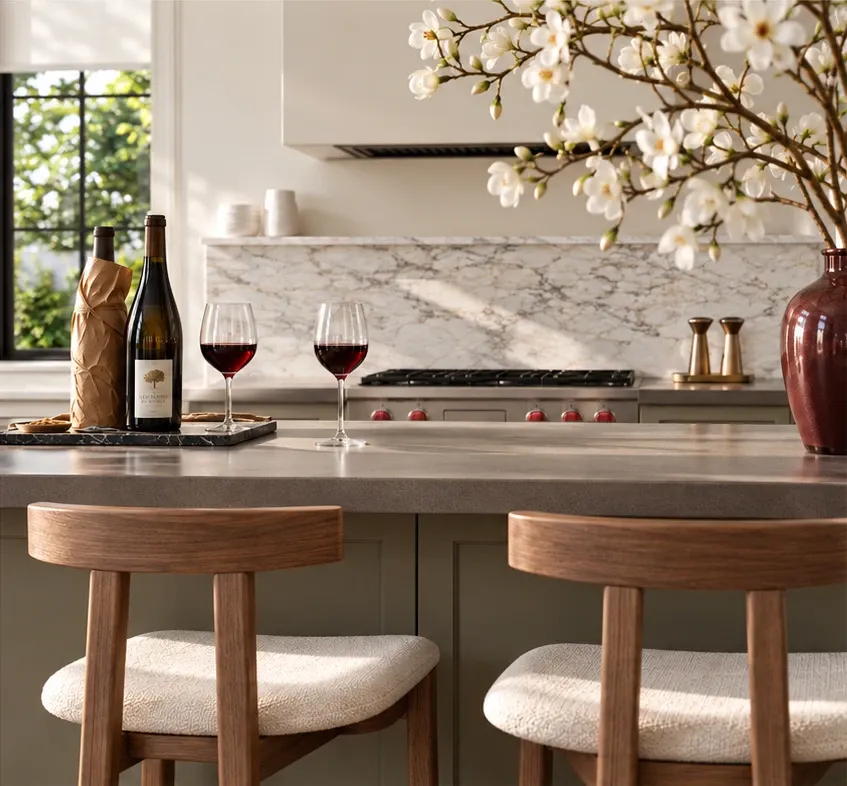 Kitchen island at Laburnum Residences with marble backsplash and premium appliances