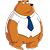 Cartoon bear wearing a blue necktie sitting with a happy expression.