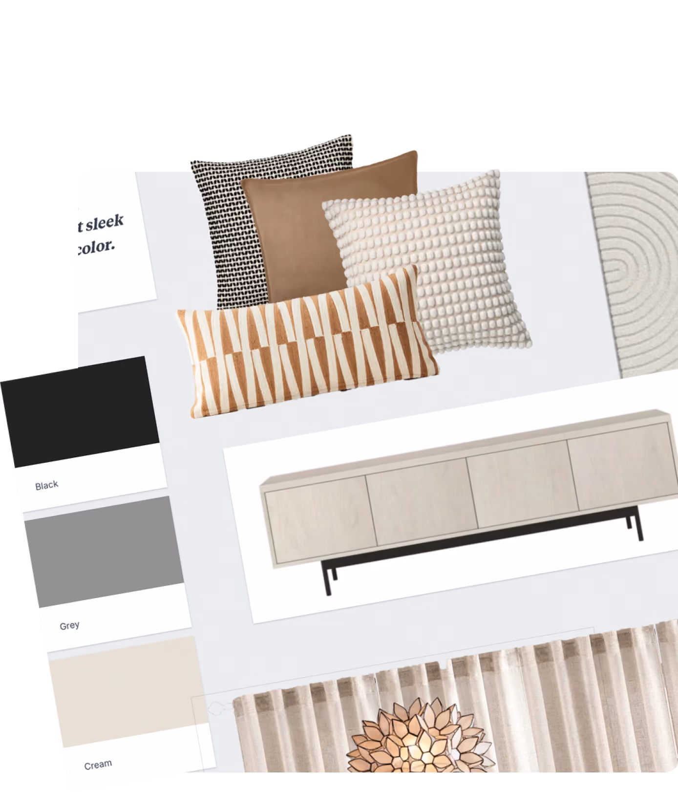 Home decor style snapshot with patterned throw pillows, a light wood sideboard, color swatches, and curtains.