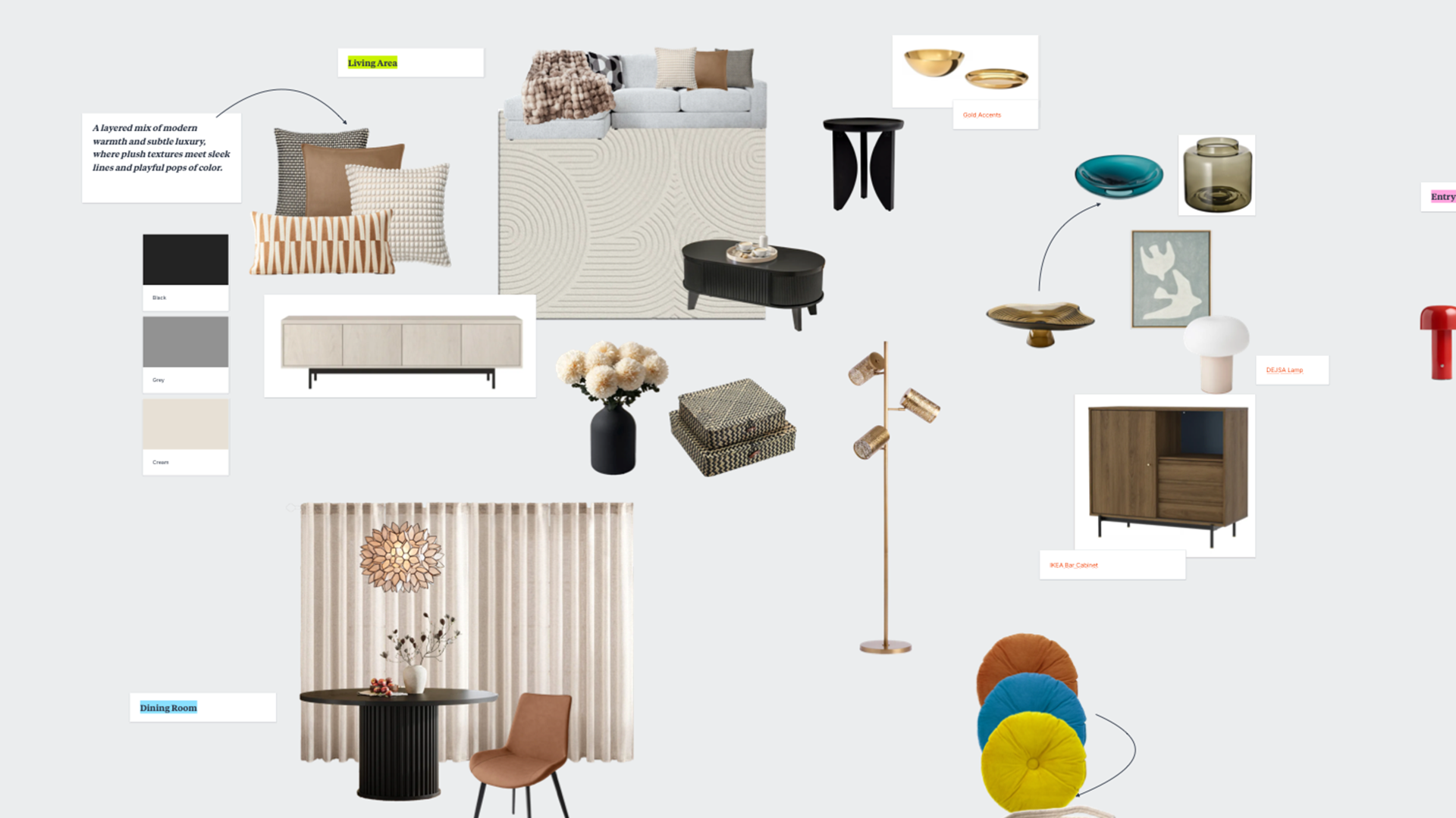 Mood board with modern living and dining room furniture including sofa, cushions, lamp, cabinet, and decor accents.