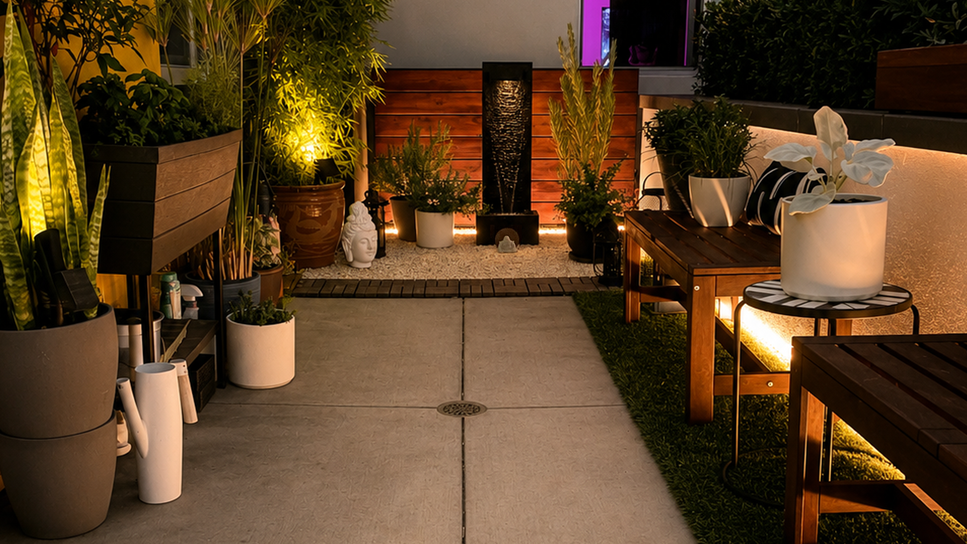 Cozy patio with glowing plants, wooden benches, round table, and a decorative Buddha head statue.
