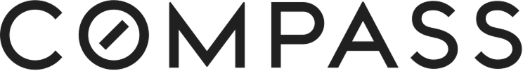 COMPASS brand logo in black uppercase letters with a diagonal line inside the letter O resembling a compass needle.
