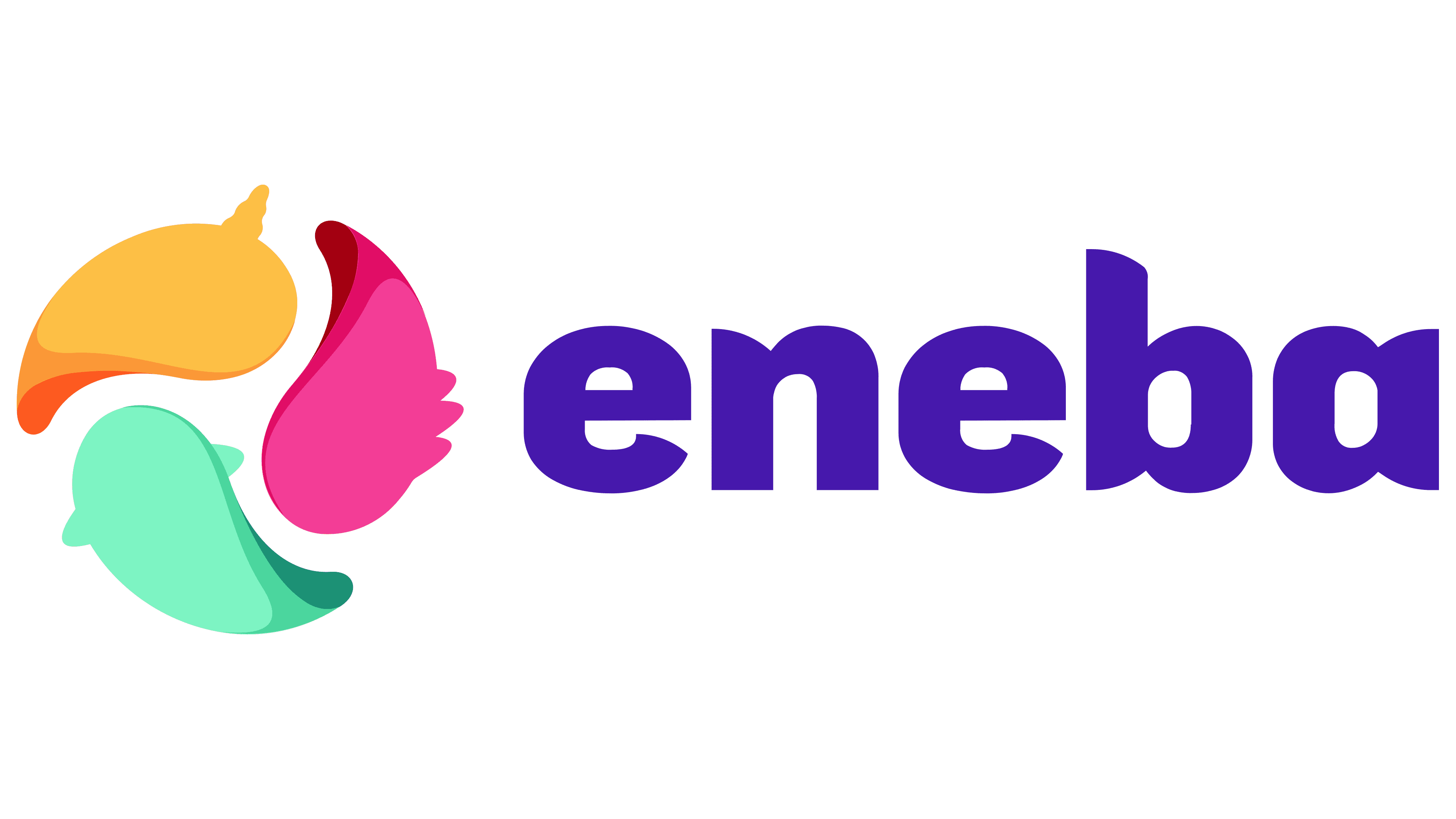 Eneba logo with colorful stylized bird shapes in yellow, pink, and green to the left of the purple Eneba text.