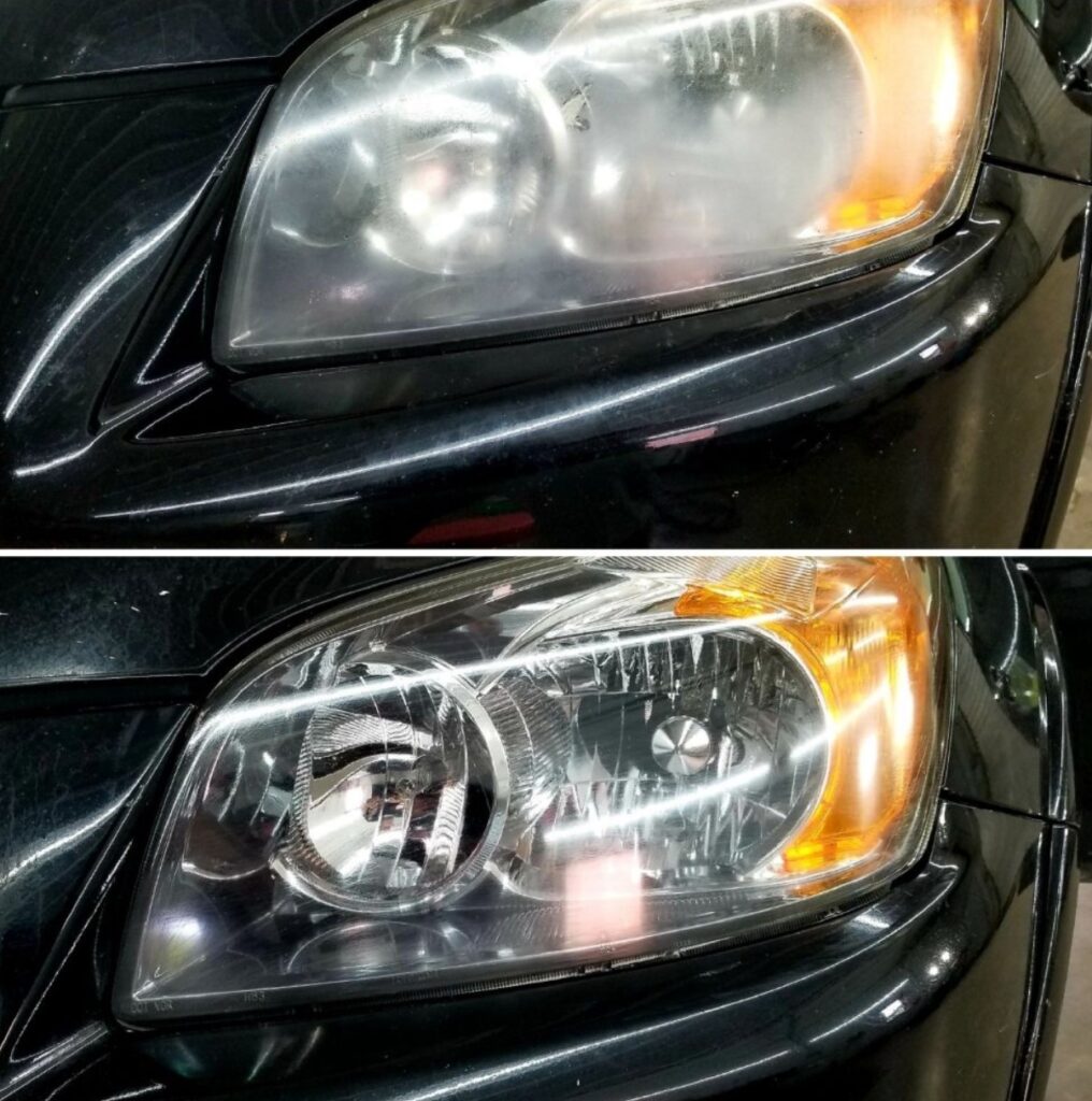 A photo comparing a headlight before and after restoration service.