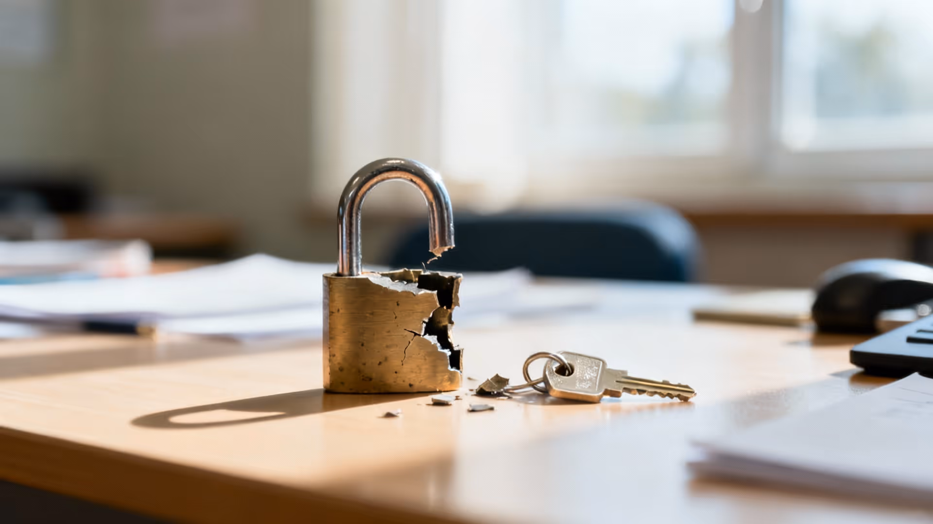 A rusted, broken padlock with a large hole sits open next to a key on a wooden desk.