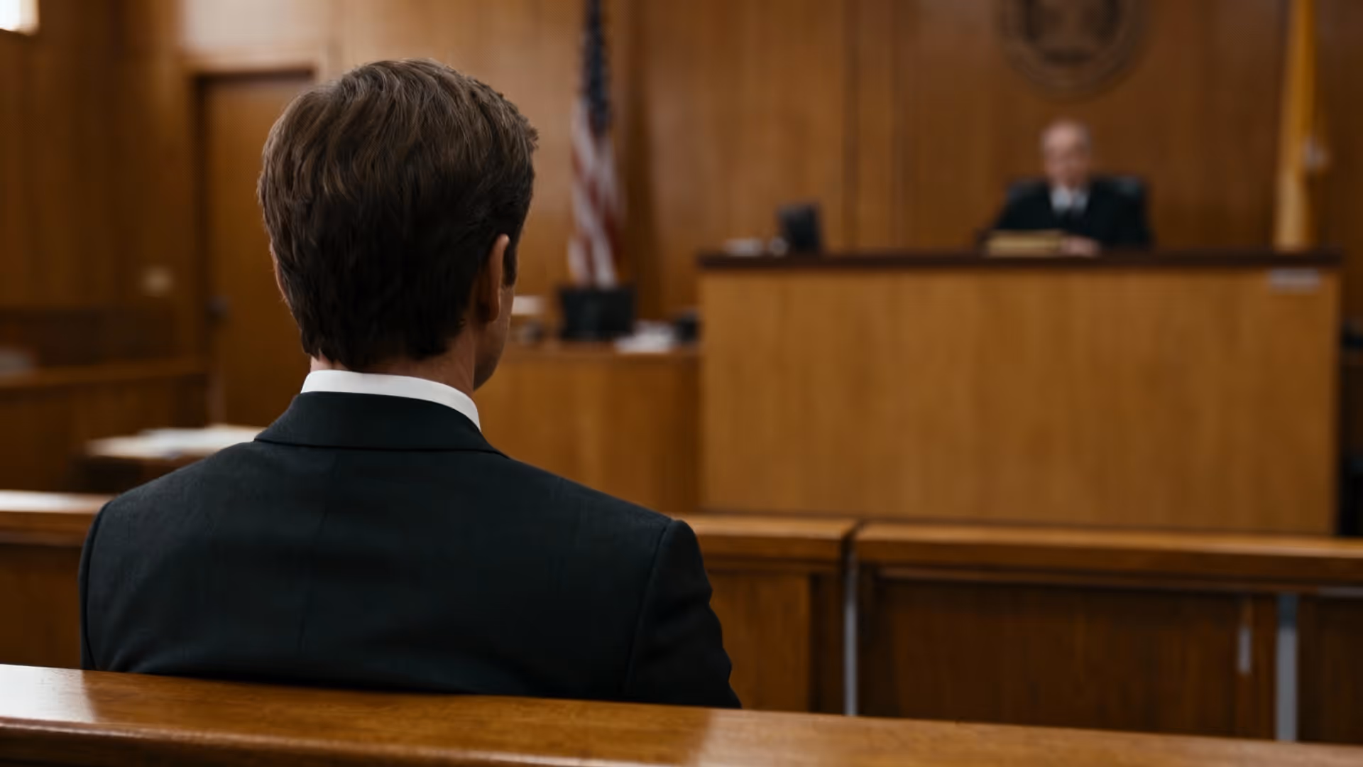 Man in a dark suit sitting in a courtroom facing a blurred judge behind the bench.