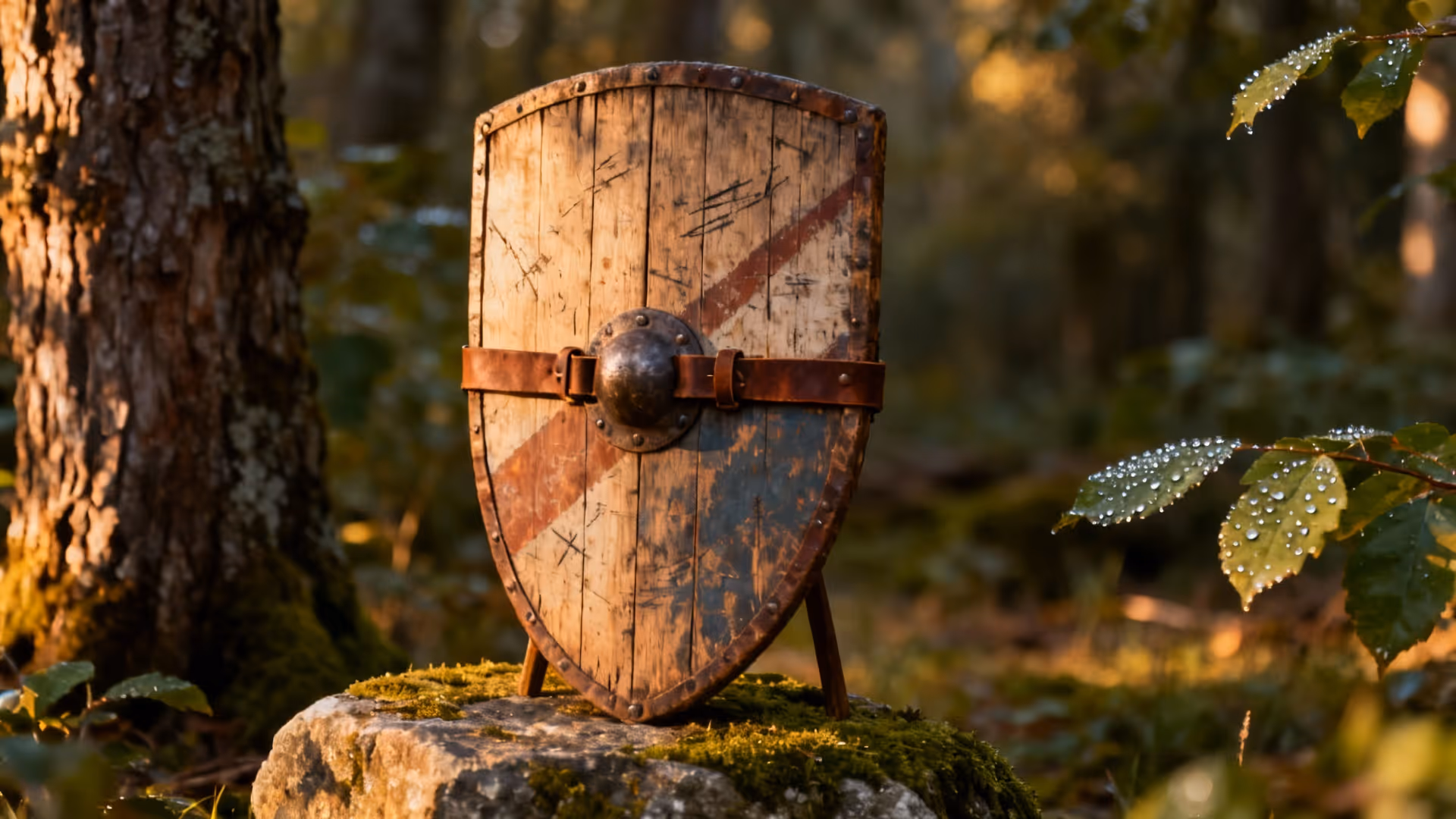 Worn wooden medieval shield with leather strap resting on a moss-covered rock in a forest.
