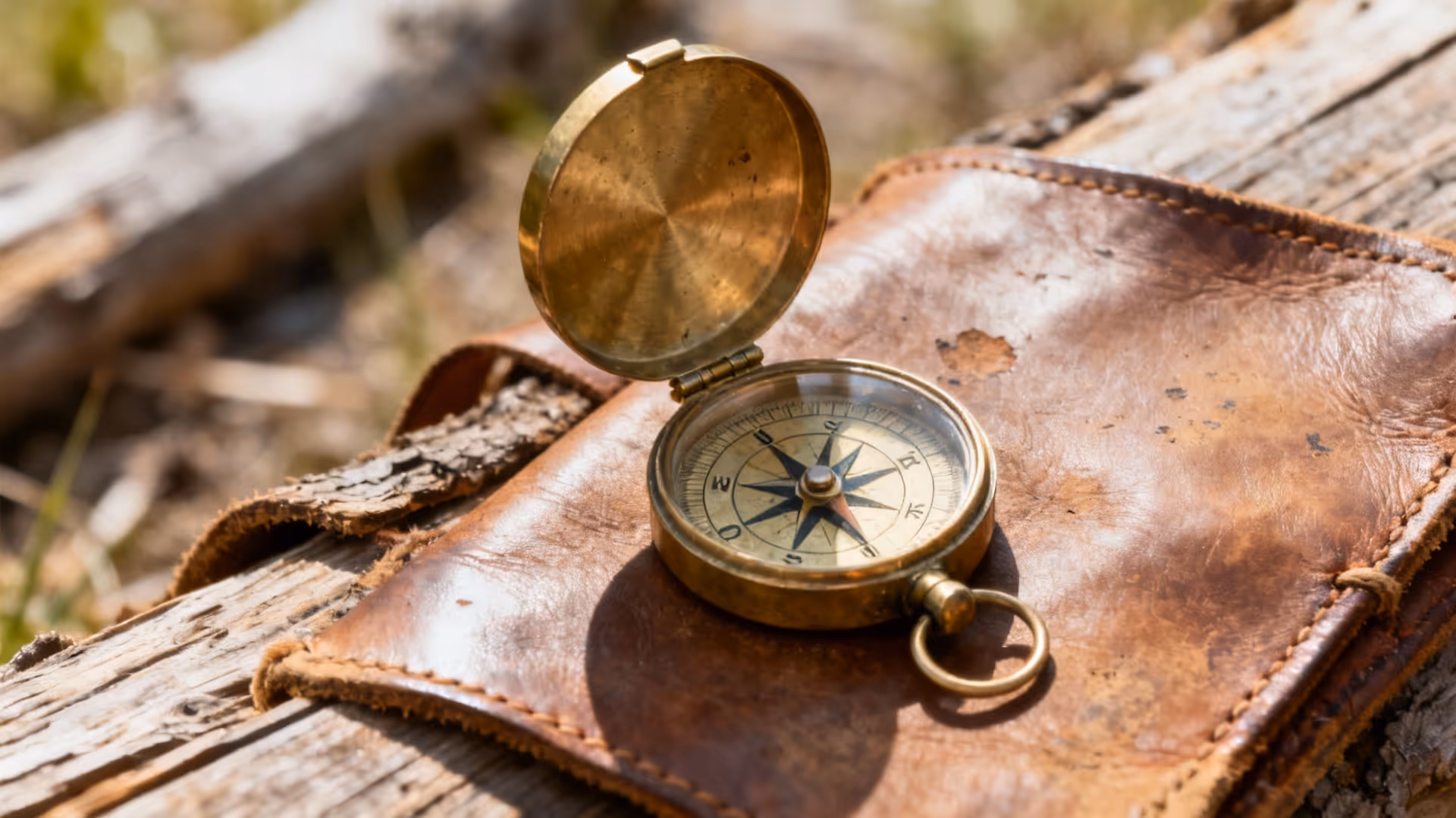 Open vintage brass compass resting on a worn brown leather pouch on weathered wood outdoors.