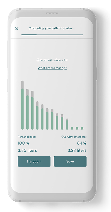 Smartphone screen displaying an asthma control test result with a bar chart, showing personal best at 100% and 3.85 liters, latest test at 84% and 3.23 liters, and options to try again or save.