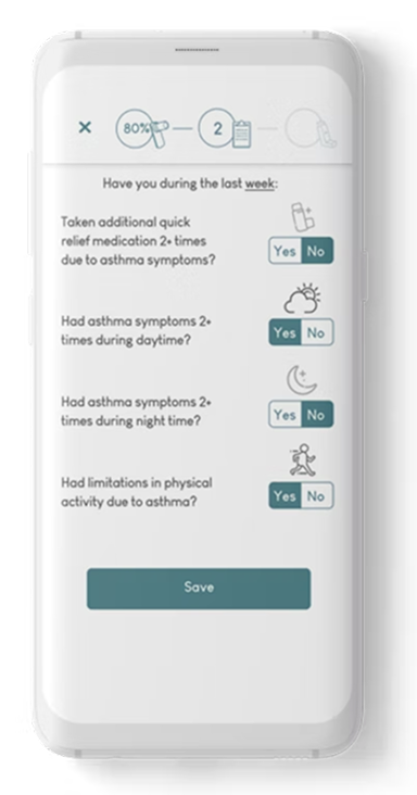 Mobile screen showing asthma symptom questionnaire with Yes or No options for quick relief medication use, daytime symptoms, nighttime symptoms, and physical activity limitations, plus a Save button.